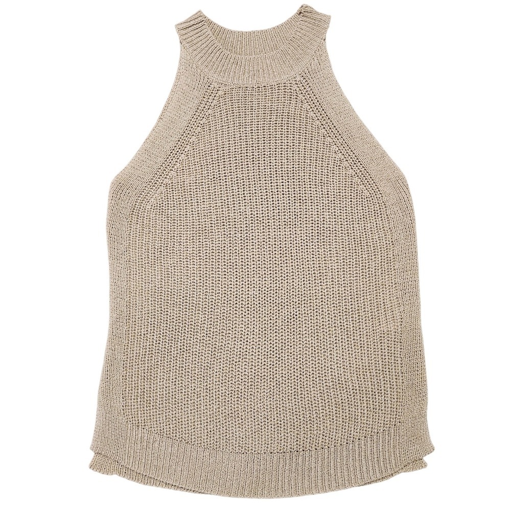 Beige Open Knit Sweater Tank Women's M La Miel High Neck Coastal Minimalist - Picture 2 of 8